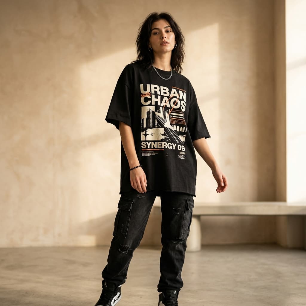 Fashion model wearing custom Claro t-shirt